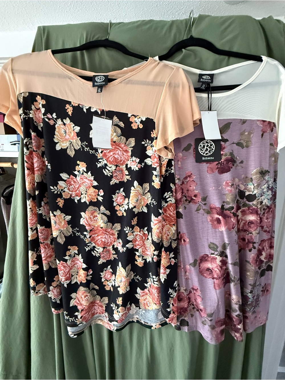 bobeau Floral Mixed-Panel Short Sleeve Tops - Peach & Lavender